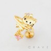 CUTTIE KITTY CAT FACE PLANET HEART DANGLE CZ THREADLESS (PUSH IN) 316L SURGICAL STEEL LABRET SET